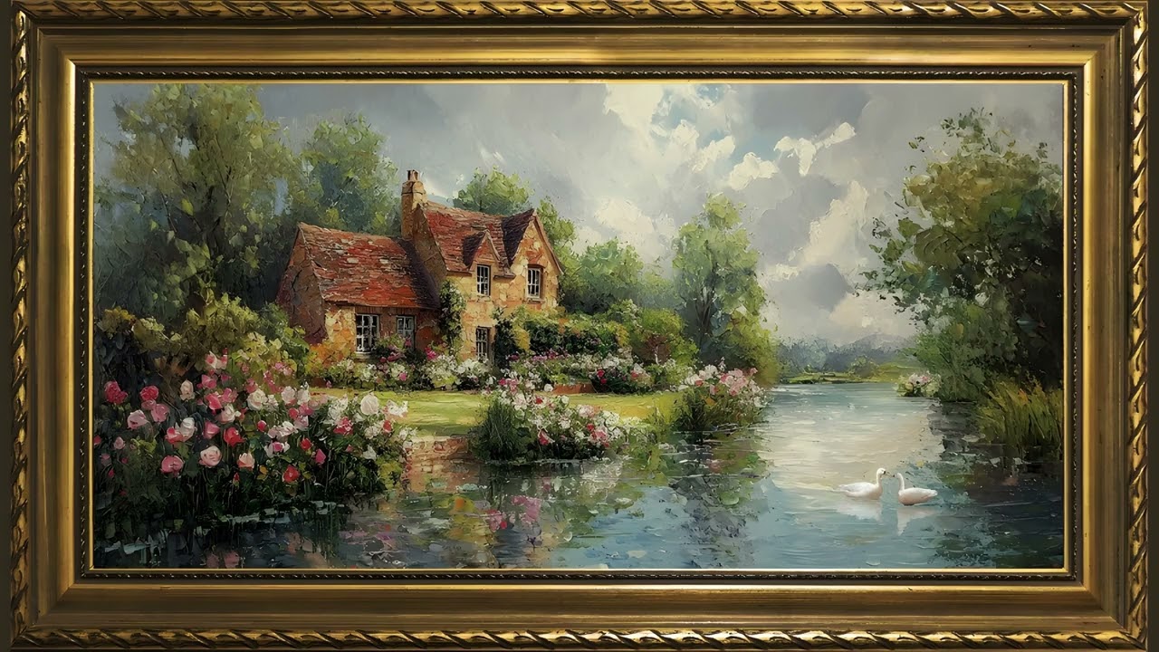 Cottage Lake Garden, Vintage Impressionist Oil Painting | Framed TV Art Screensaver with Calm Music