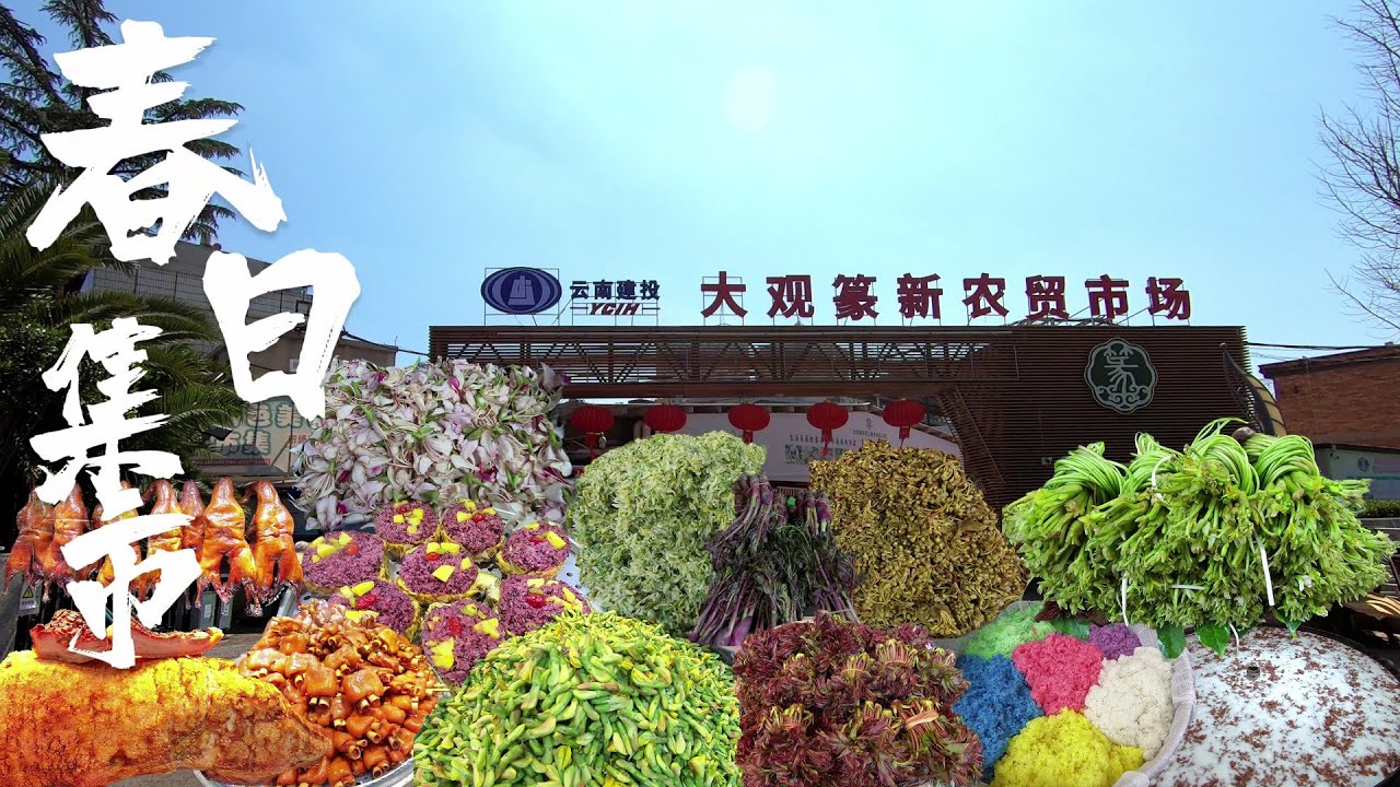 中国云南春日早集市，金牌脆皮烤猪太诱人了，一起来品尝舌尖上的金雀花，棠梨花，玉荷花等春味美食  The season when people in Yunnan eat flowers