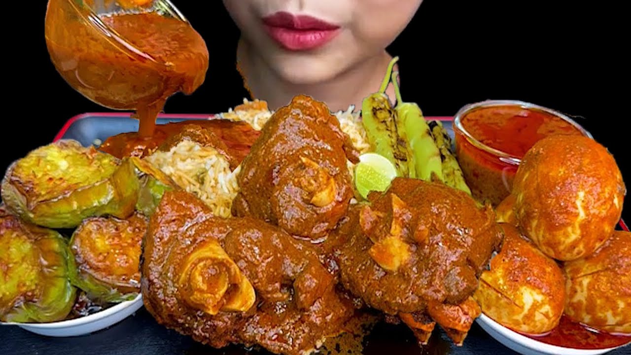 MUKBANG EATING||SPICY MUTTON CURRY, SPICY CHICKEN EGGS, FRIED THAI EGGPLANTS & BIRYANI RICE