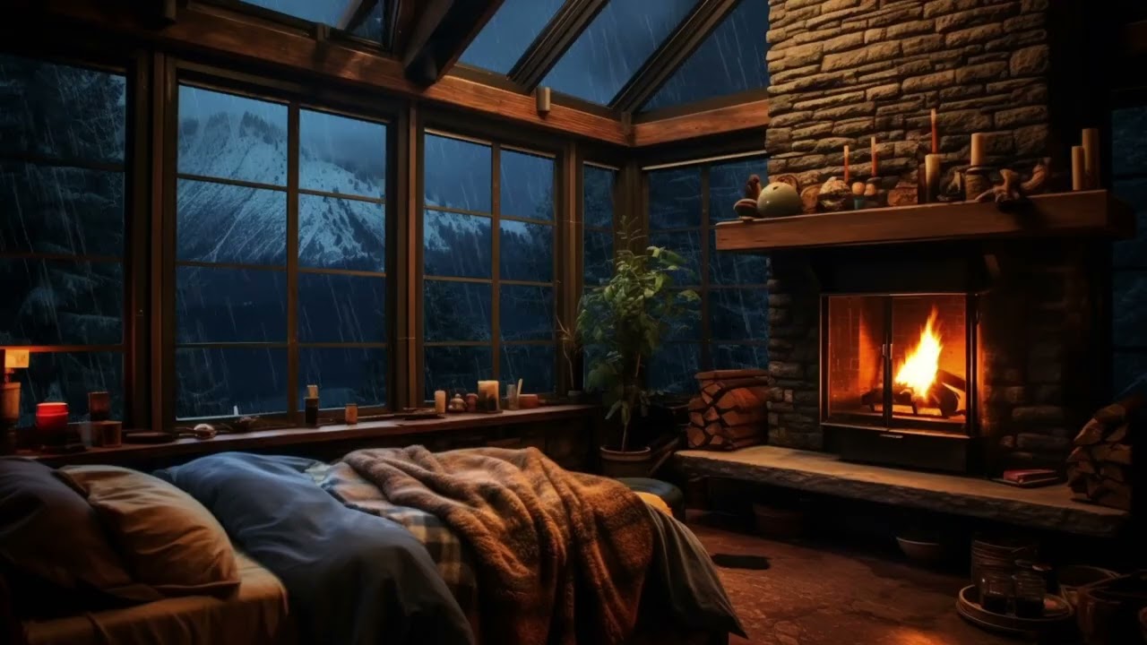 Cozy Rainy Cabin Night 🌧️🔥 Fireplace Sounds for Sleeping, Reading & Calm Mind