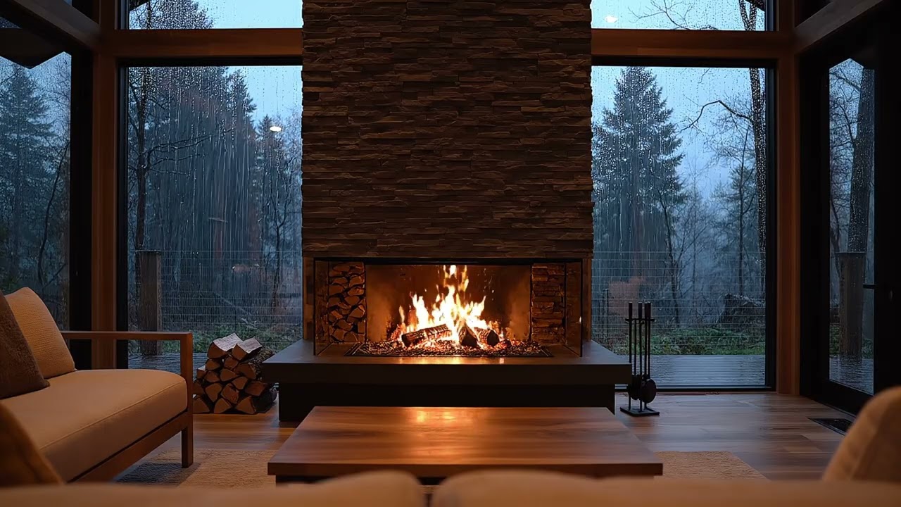 Cozy Fireplace with Rain Outside Window | Modern Interior Ambience 4K