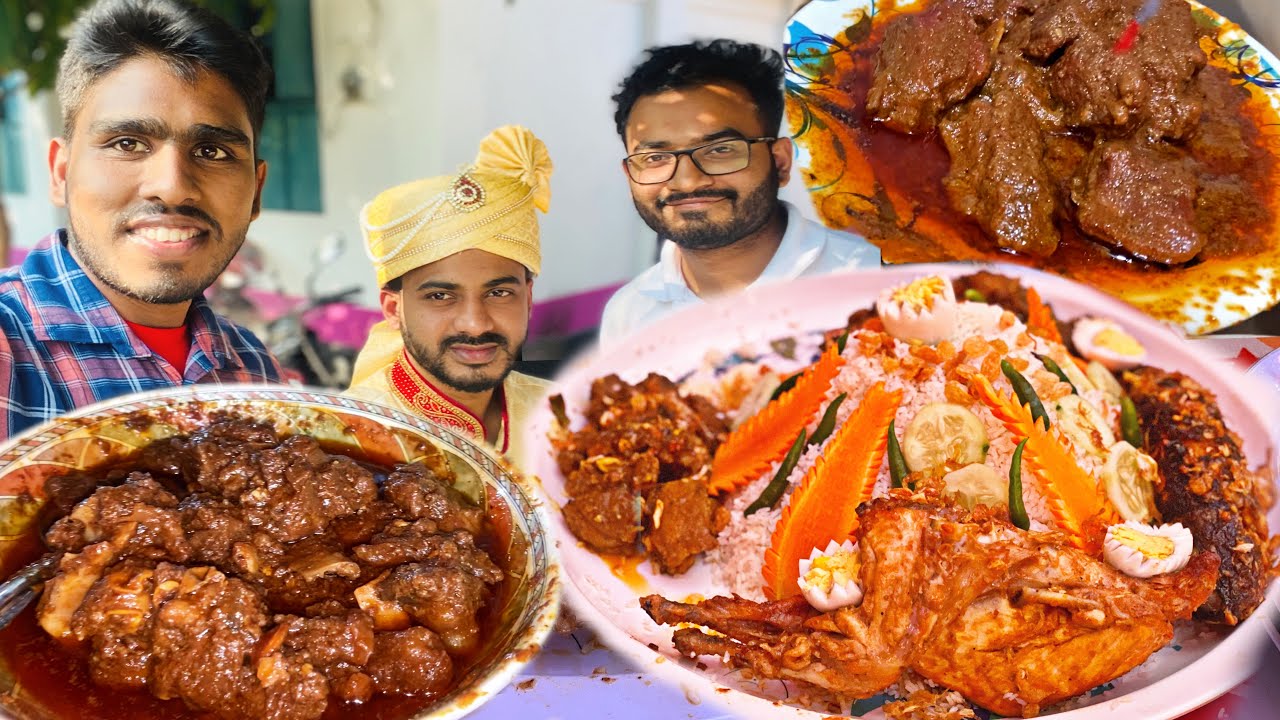 Eating Lunch(Whole Mutton Head, Full Chicken, Spicy Meat Curry) With Friends at Wedding Program