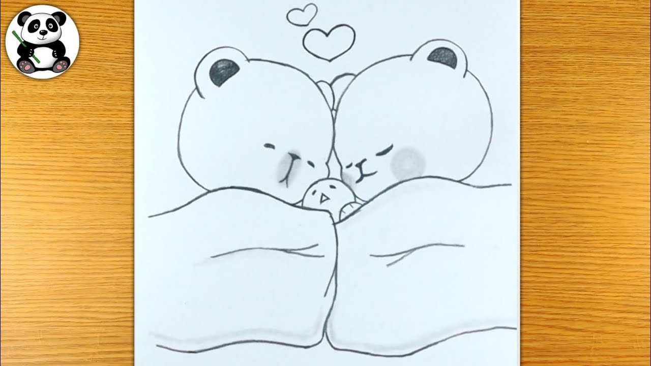 Cute bear sleeping couple with baby pencil drawing | animals cute drawing​⁠@TaposhiartsAcademy