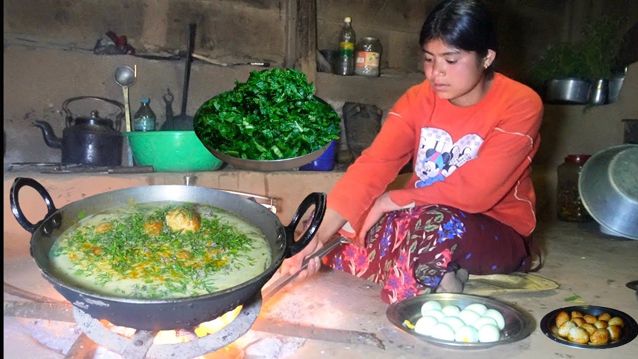 🔥 Rural Kitchen Cooking || Traditional Egg Curry, Rice and Saag