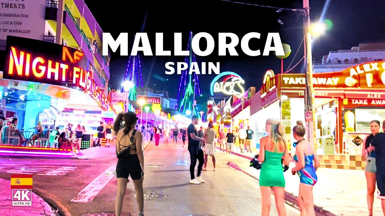 Night life in Magaluf, Mallorca- Spain, 4k HDR walking tour