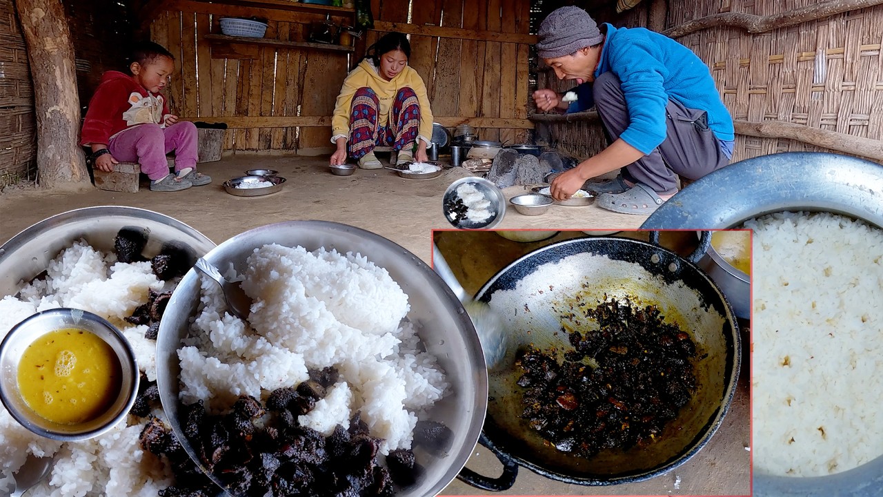 manjita cooks Buff fry curry for lunch and having with husband & son || shepherd family ||
