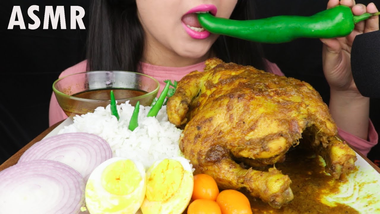 ASMR EATING WHOLE CHICKEN CURRY + RICE + EGG + ONION + HOT PEPPER (MUKBANG)Real Sounds| Lishh-ASMR