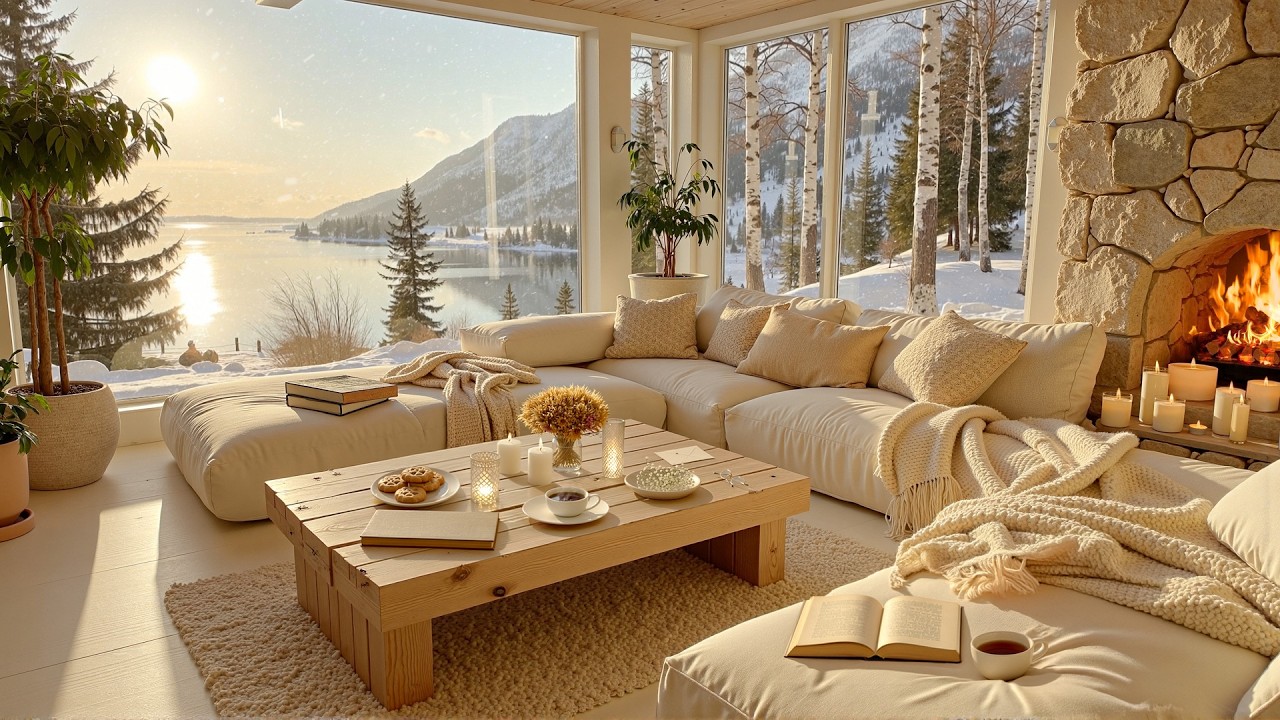 Slow Winter Sunrise Jazz by the Lake ☕ Warm Fireplace Jazz Ambience for Deep Focus & Calm