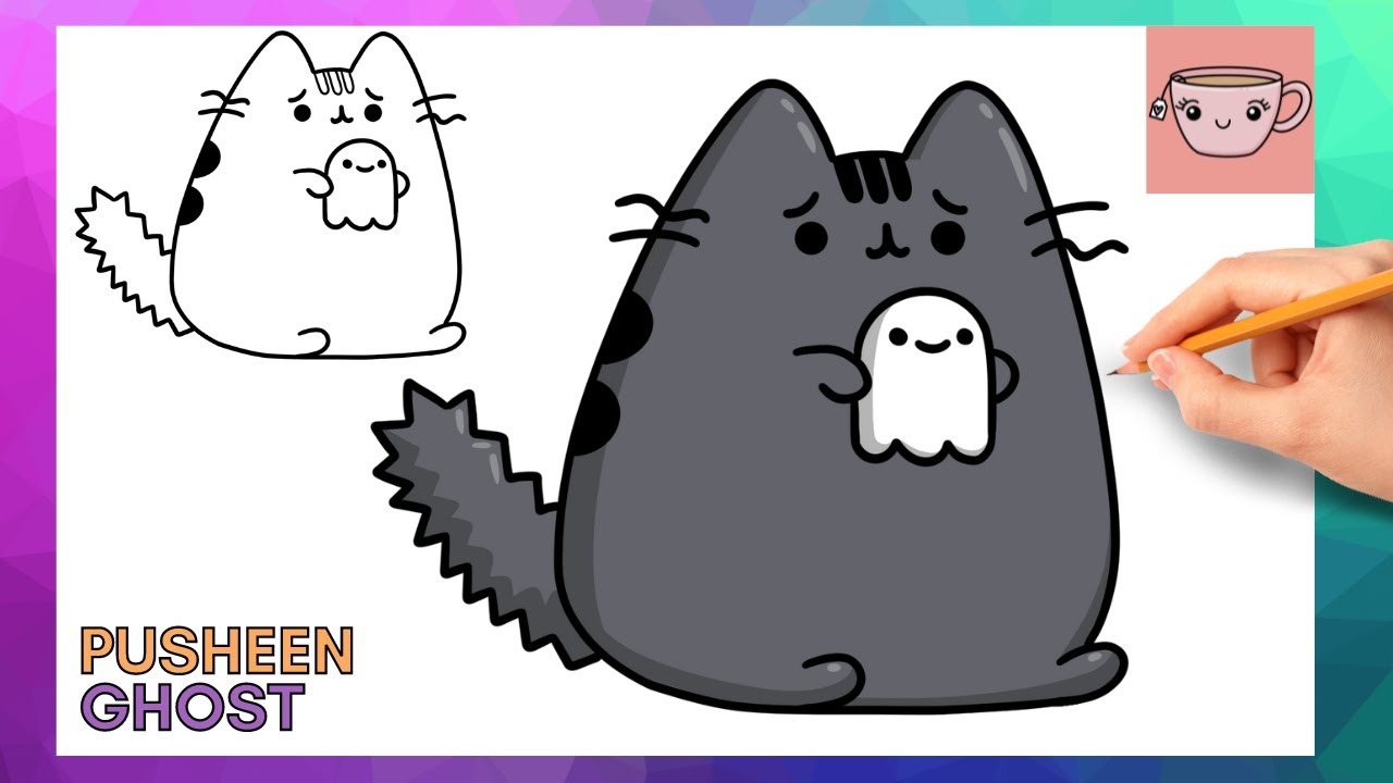 How To Draw Pusheen Cat With Cute Ghost | Halloween | Easy Step By Step Drawing Tutorial