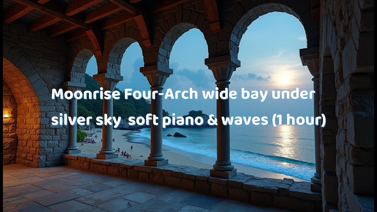 Moonrise Four‑Arch — wide bay under silver sky soft piano & waves (1 hour)