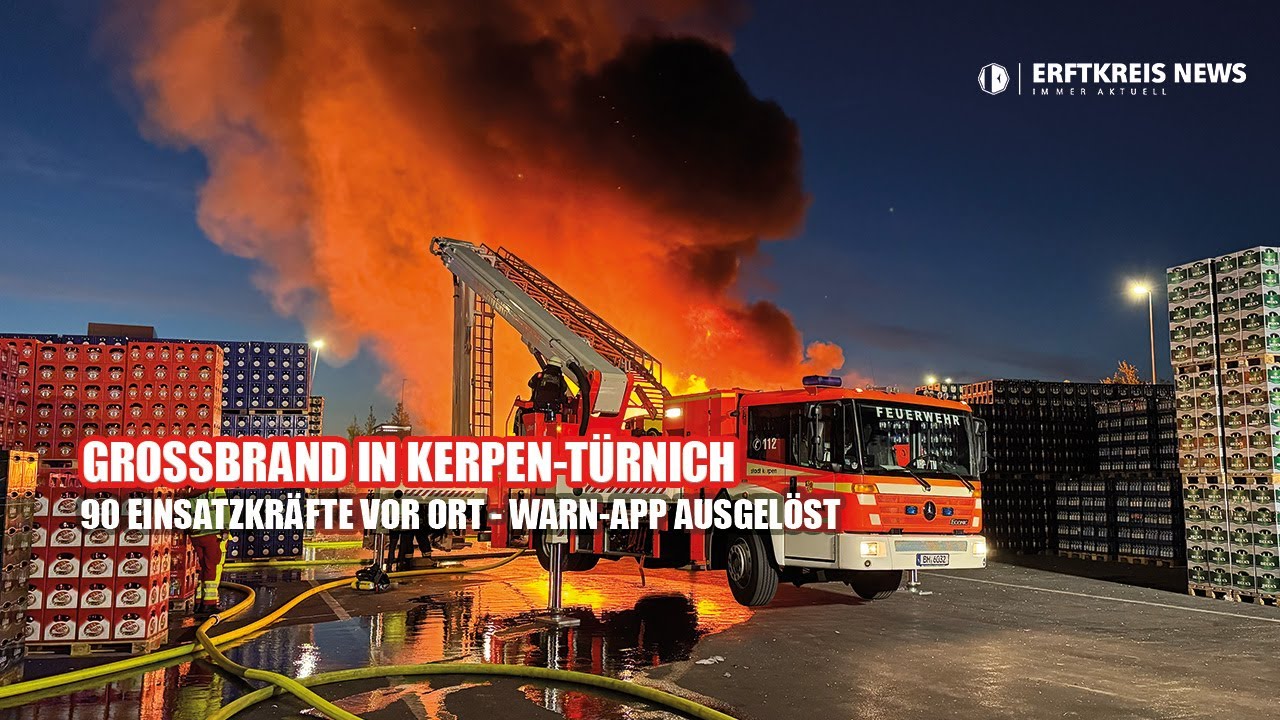 Großbrand auf Netto-Gelände in Kerpen-Türnich - 90 Einsatzkräfte im Einsatz.