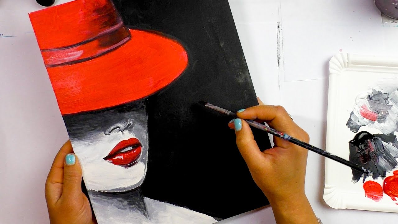 Acrylic Painting WOMAN with HAT (Black-White-Red Painting)