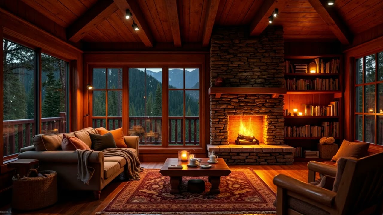 Rain in the Forest Around a Quiet Cabin | Soft Jazz Piano and Fireplace Glow for Calm Nights