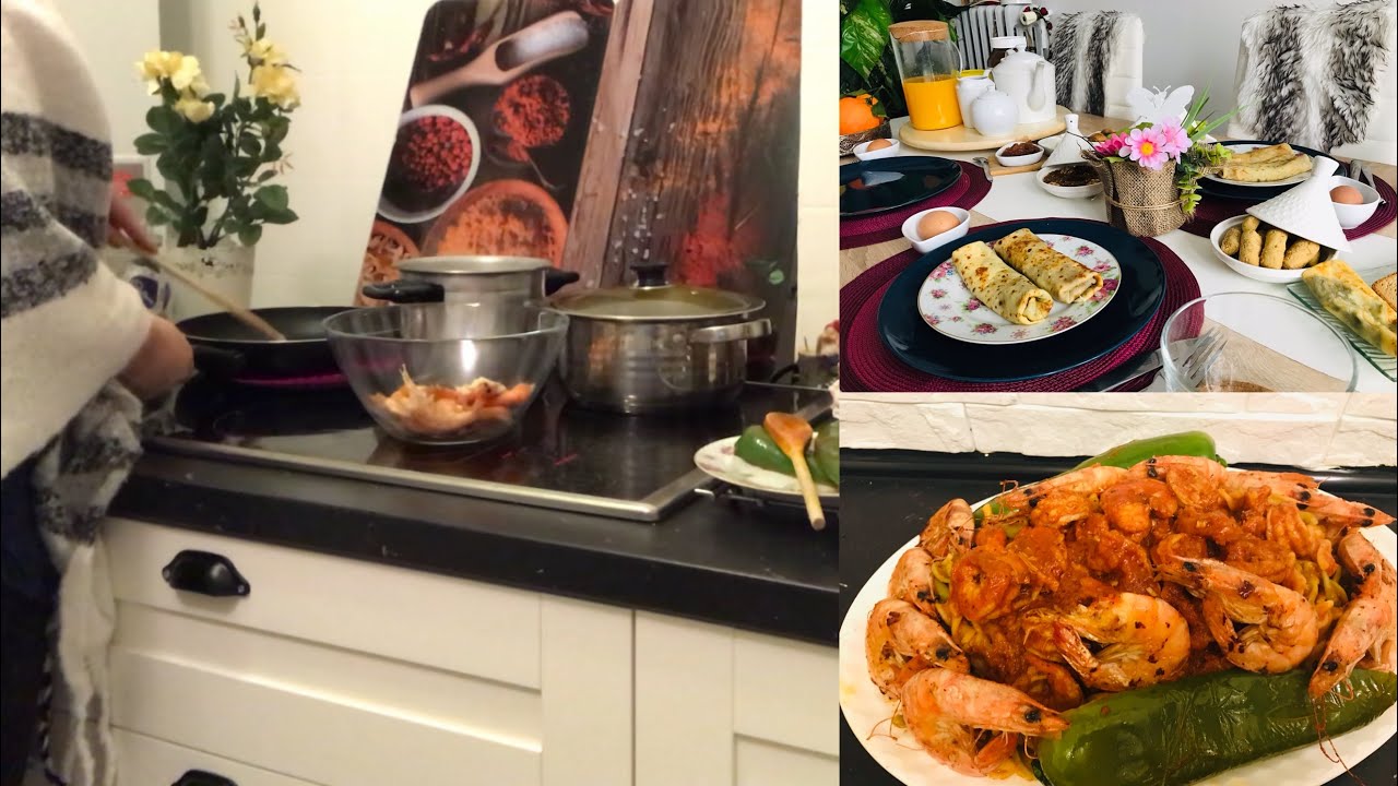 يوم الأحد 😌 أول مرة نشارك معاكم طاولة فطور الصباح ❤️و ختمتها بمقرونة بالقمرون PÂTÉS AU CREVETTES 🍤