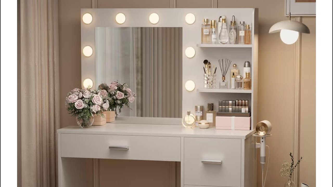 YESHOMY Vanity Desk with Mirror, 10 Lights, Power Outlet… Review & Assemble