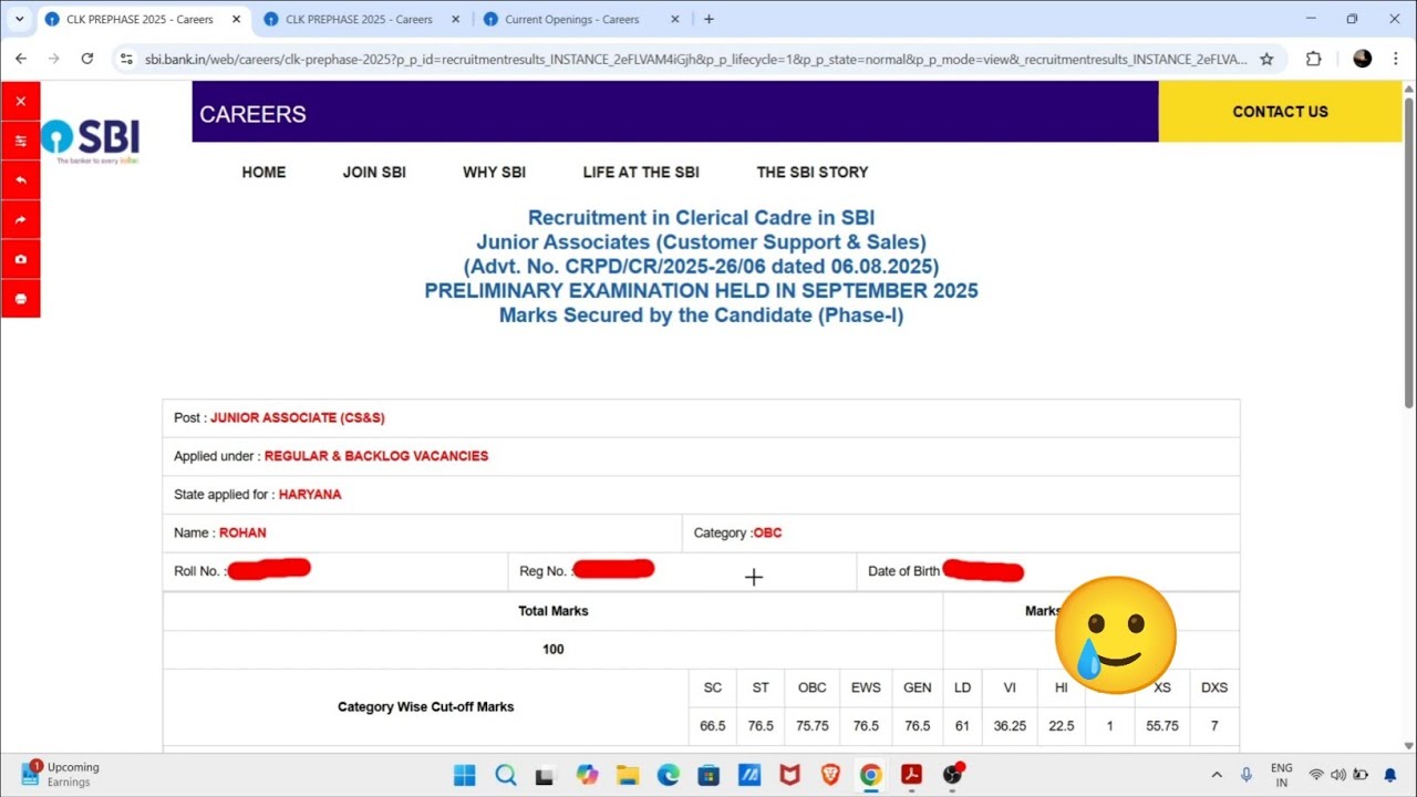 MY SBI JA RESULT 2025🤞🥲, SCORECARD💯 #sbi #sbiclerk