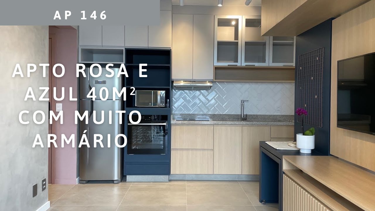 Tour Apto 146 - Studio de 40m2 com tons de azul e rosa e muito armário