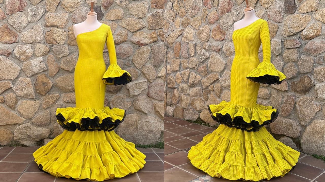 Vestido flamenco de mujer escote asimétrico.