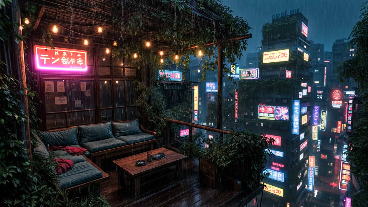 Night Balcony Rain Sounds ☕ Neon Rain City Ambience ☔️ Lofi Chill for Focus, Study & Unwind