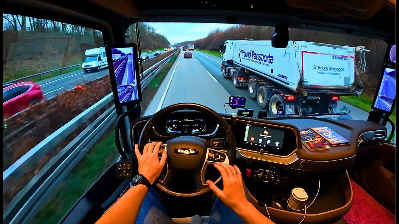 I drive a truck from a truck stop in Germany to the Netherlands, day and night, in good weather POV