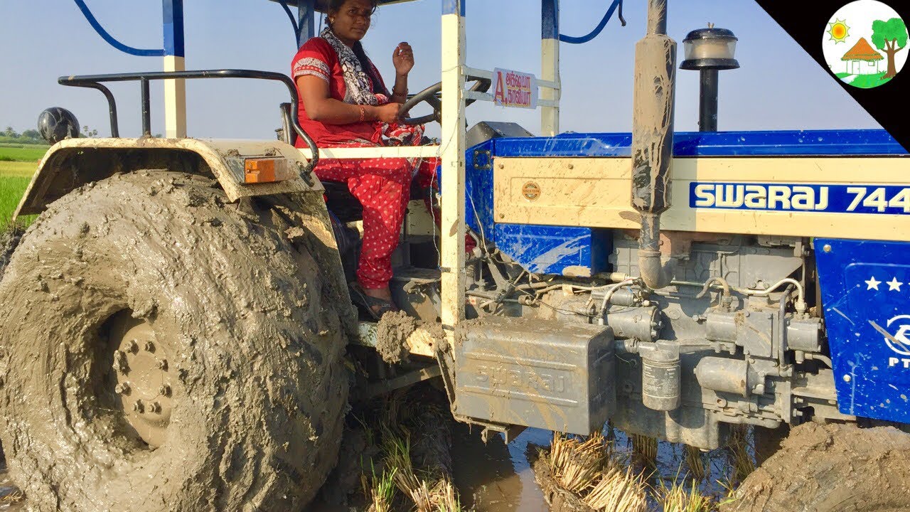 swaraj 744 fe tractor driving by village girl in Heavy mud / Tractor girl cultivation in heavy mud