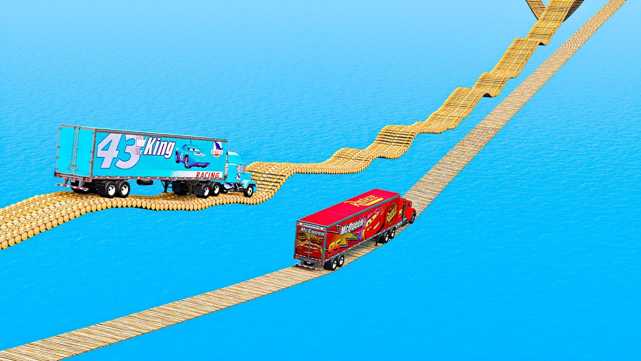 Mack truck vs Dinoco vs Impossible Log Wave Bridge vs Suspension -Cars vs Deep Water-BeamNG.drive
