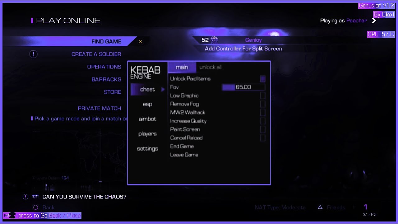 {COD GHOSTS} KEBAB V2 SPRX NONHOST MOD MENU  *CFW/HEN* ALL CLIENTS, DLC UNLOCKS, AIMBOT, ESP, & MORE