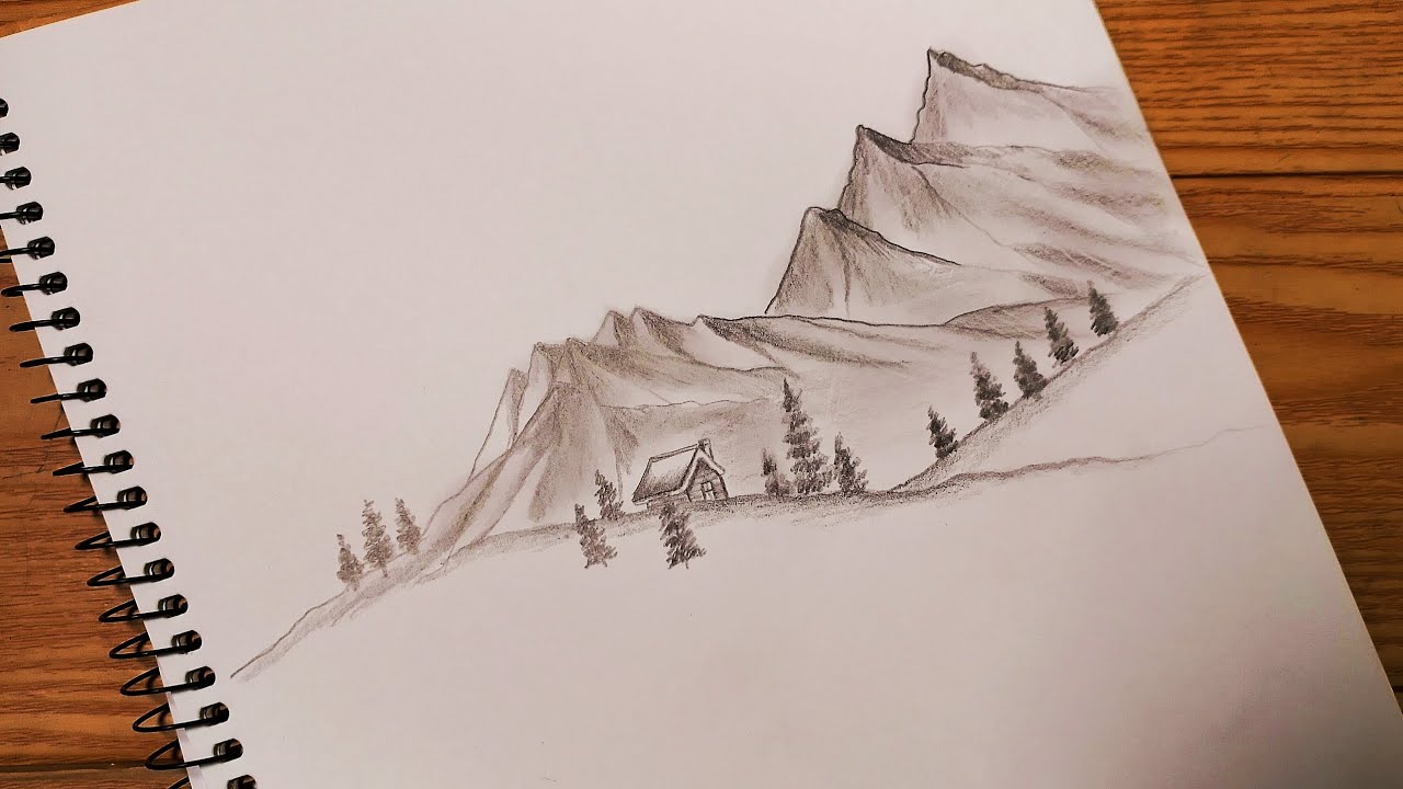Cara menggambar pemandangan menggunakan pensil || Cara menggambar gunung 