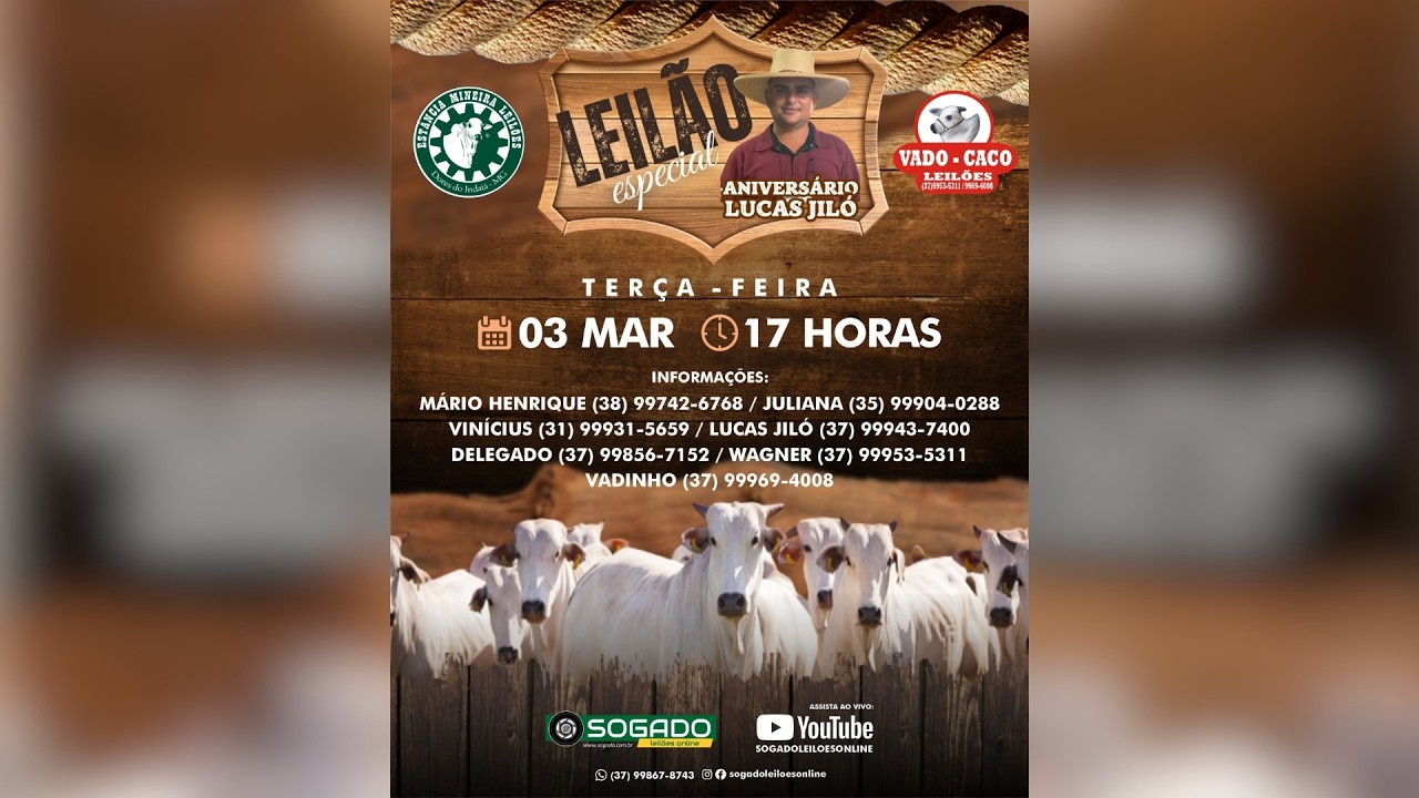 LEILÃO ESPECIAL ANIVERSÁRIO LUCAS JILÓ - VADO-CACO E ESTÂNCIA MINEIRA EM ABAETÉ/MG - 03/03/2026