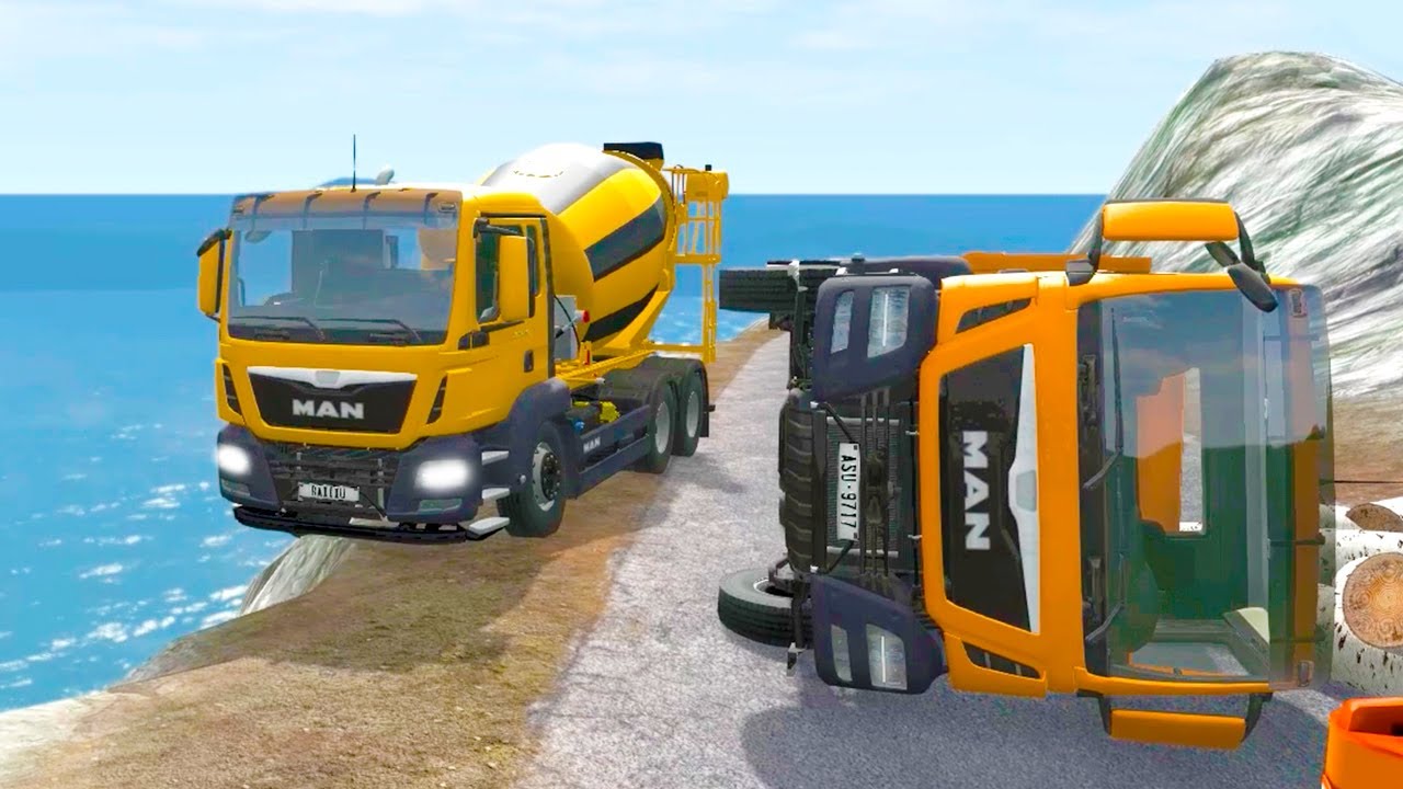 Truck Detour Deadly Cliff on the Road, FLATBED TRUCK, concrete mixer, SCHOOL BUS, tow truck