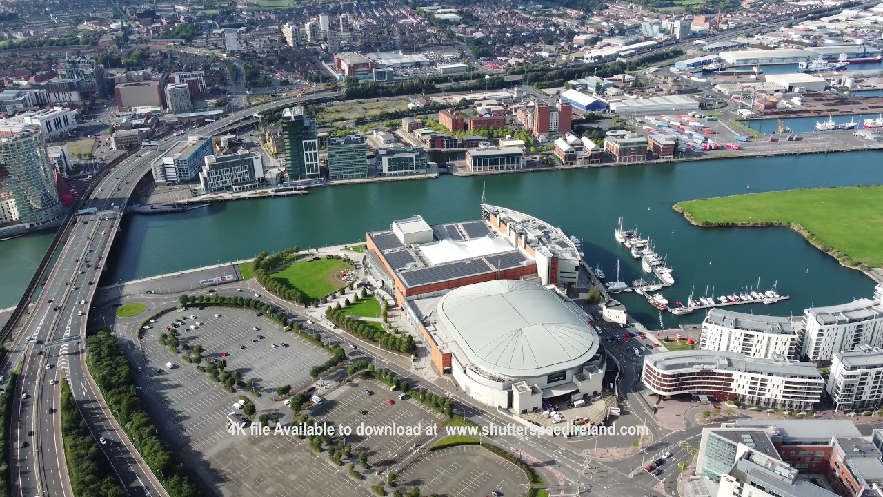 Aerial view of SSE Odyssey Arena Complex Titanic Quarter Belfast Northern Ireland 1 4K