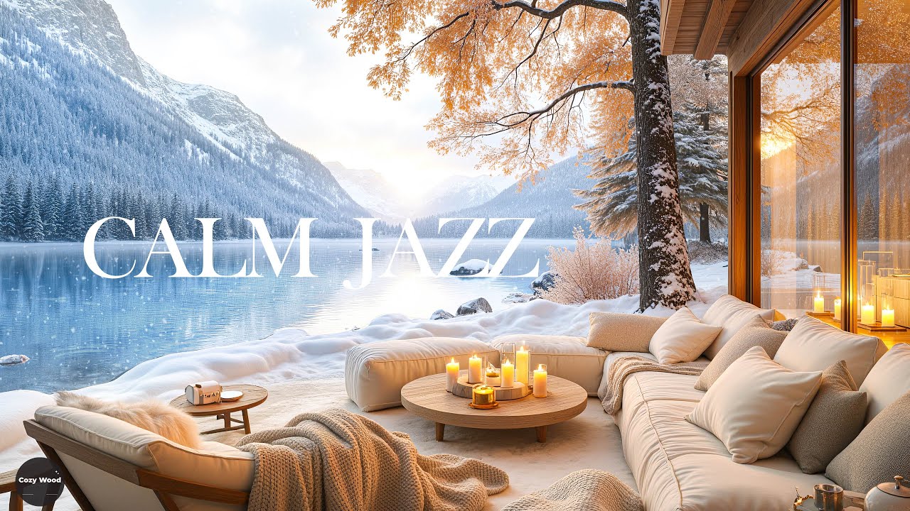 4K Warm Sunset on Winter Balcony ☕ Fireplace with Smooth Jazz Music to Relax/Study/Work to