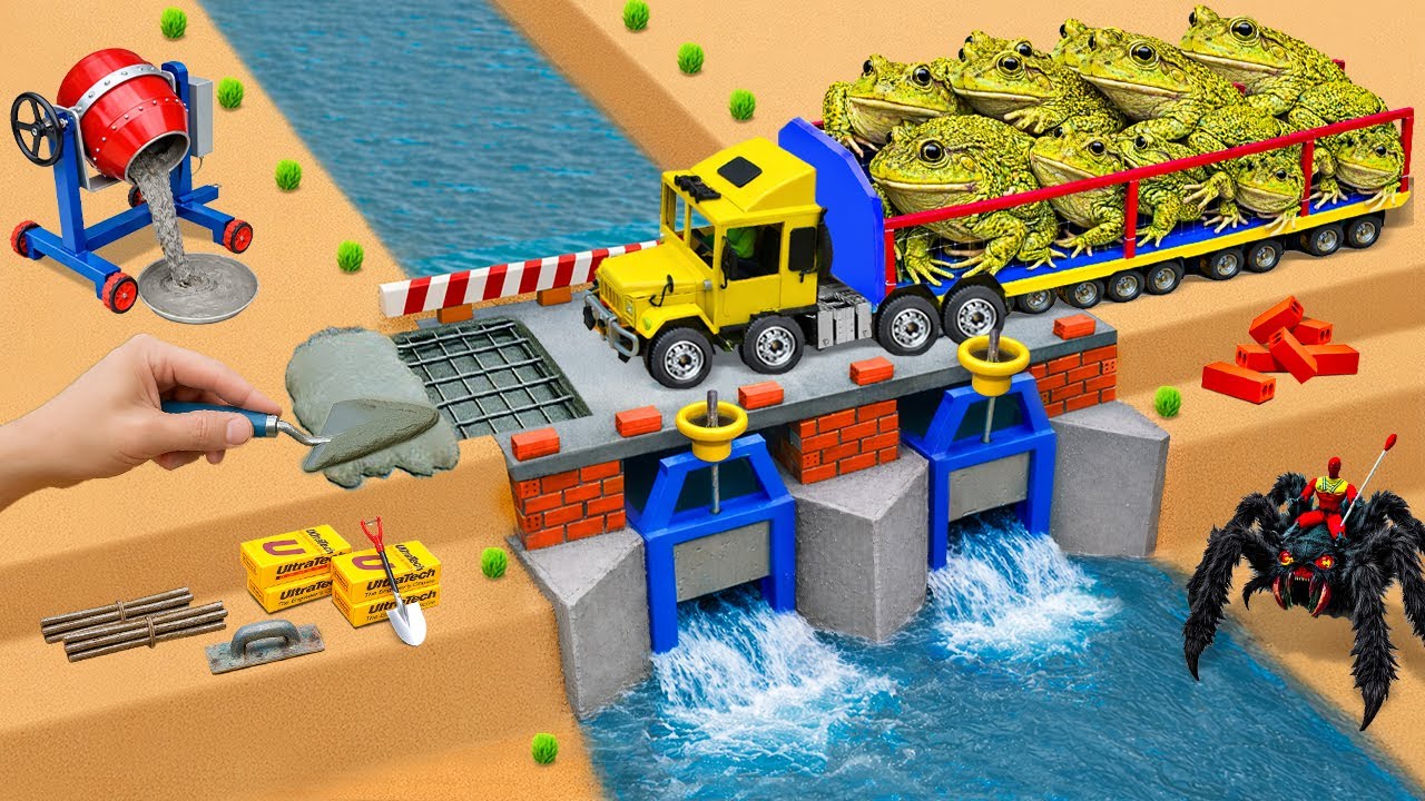 DIY Mini Tractor Builds a Strong Brick Bridge with 2 Modern Water Gates | Science Project