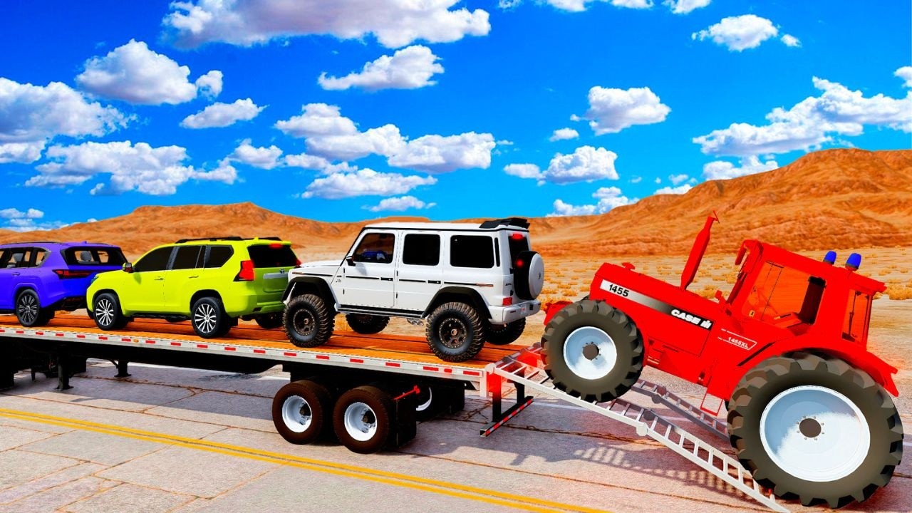 Double Flatbed Trailer Truck vs Speedbumps Train vs Cars | Tractor vs Train Beamng.Drive #30