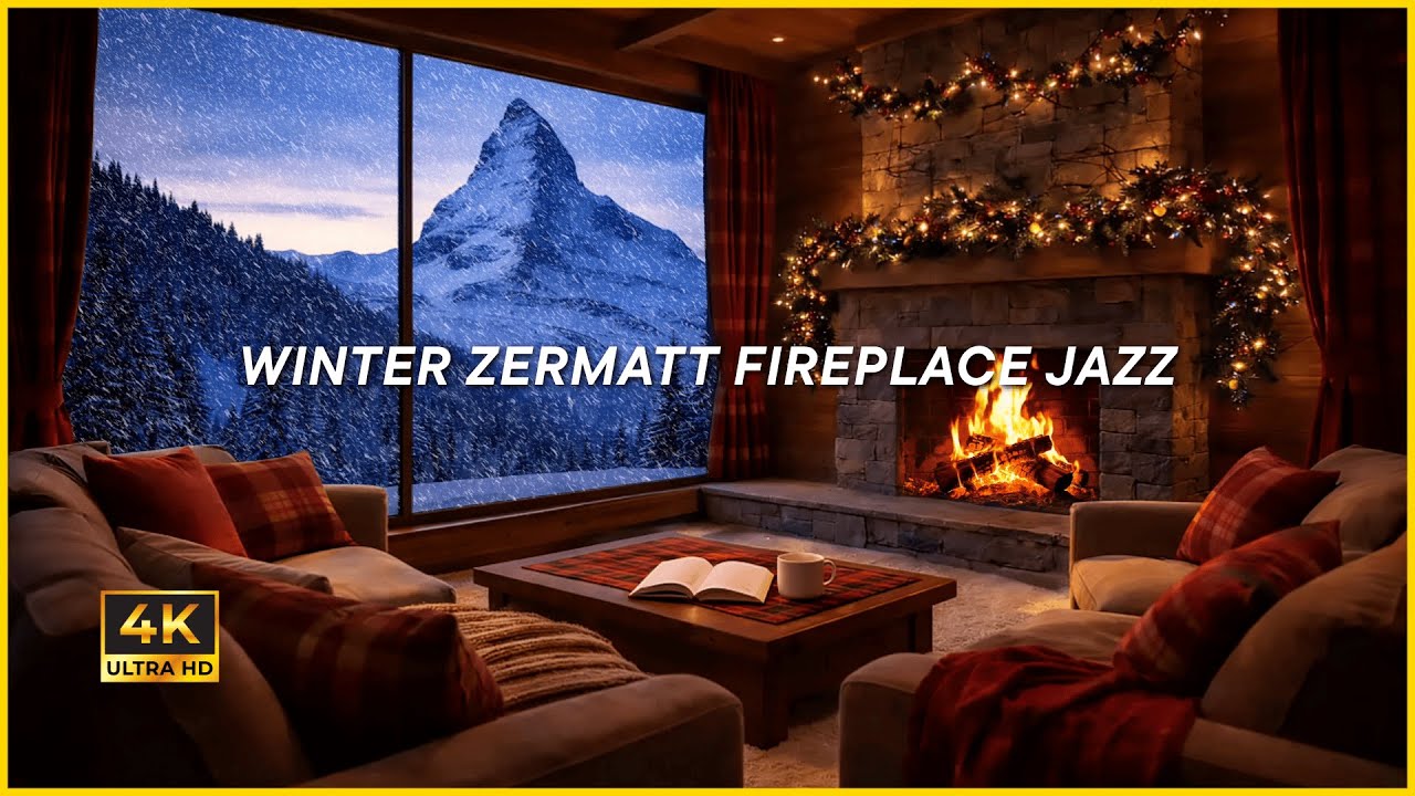 WINTER ZERMATT FIREPLACE JAZZ (4K) | Cozy Alpine Jazz for Deep Relaxation, Focus & Sleep