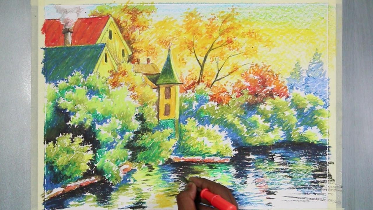 Oil Pastel Painting | A Evening time House Landscape