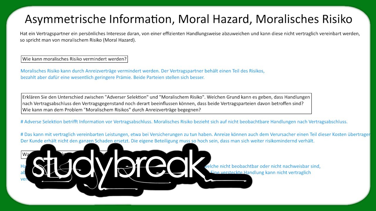 Asymmetrische Information, Moral Hazard, Moralisches Risiko | Mikro&ouml;konomie