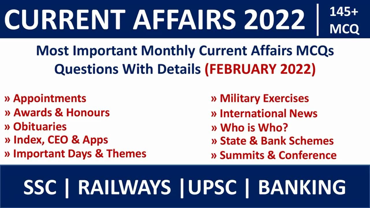 Monthly Current Affairs February 2022 English | Current Affairs February 2022 | MCQ Questions.