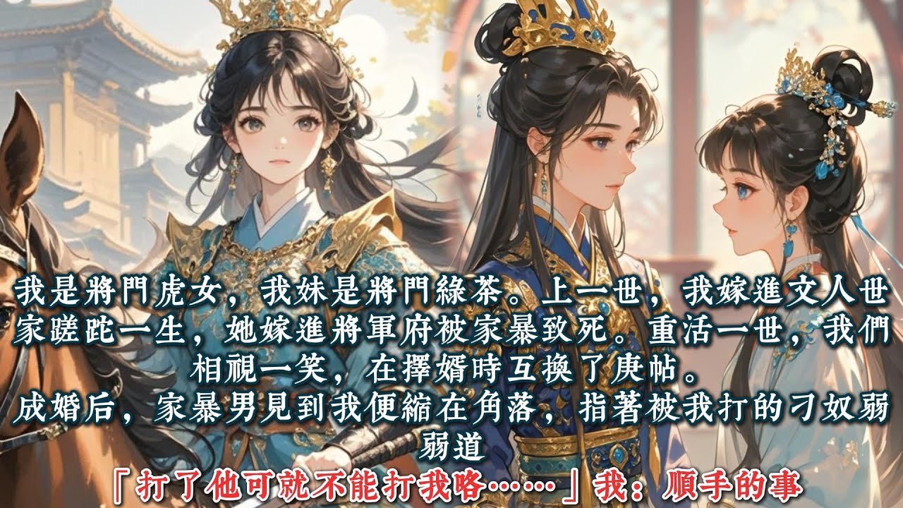 《将门虎女和将门绿茶联手了》我是将门虎女我妹是将门绿茶。上一世，我嫁进文人世家蹉跎一生她嫁进将军府被家暴致死。重活一世，我们相视一笑在择婿时互换了庚帖#一口气看完 #小说 #推文  #爽文#古风#小说