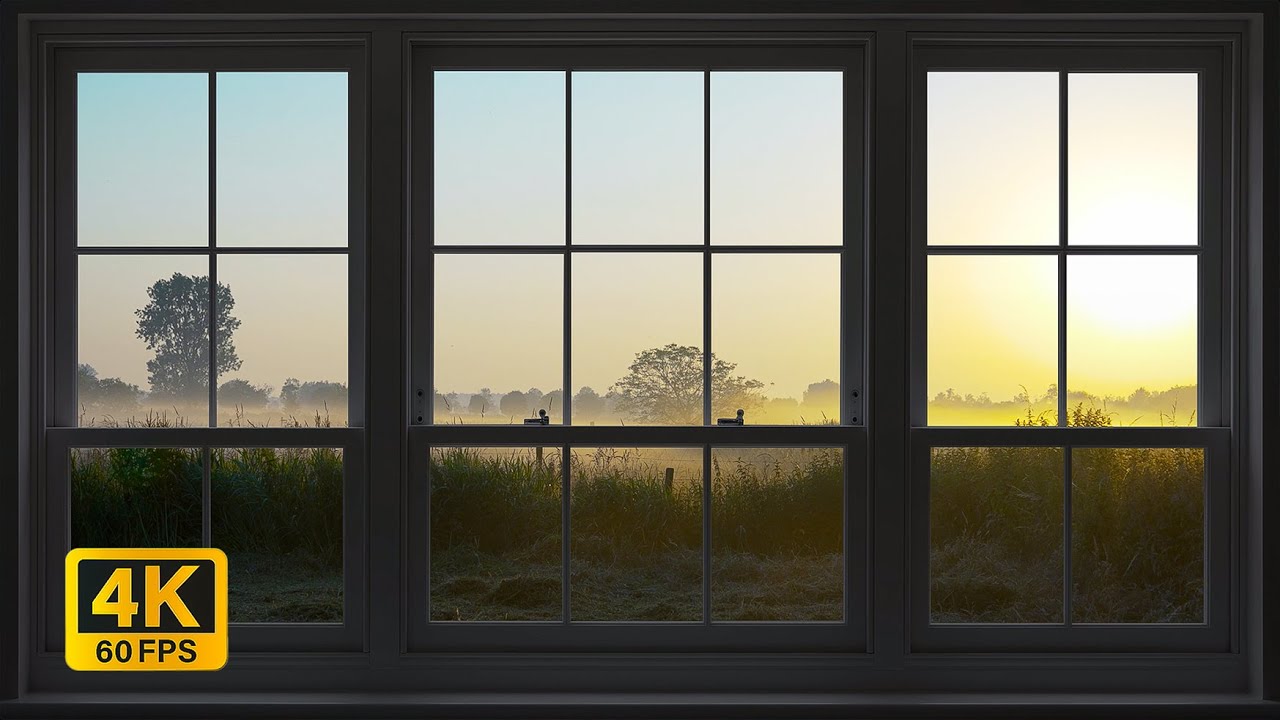 4K Countryside morning sunrise Ambience Window view with Nature Sounds -  Relaxing, Calming, Sunset