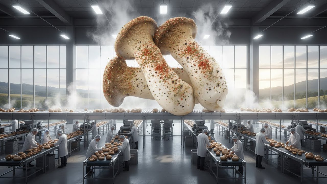 Inside the Modern King Oyster Mushroom Factory: Robotic Harvesting & Vacuum Frying Technology