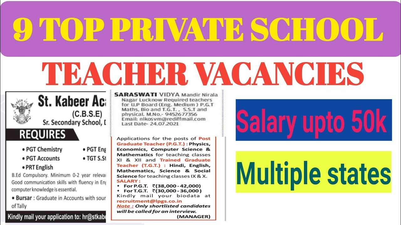 SCHOOL TEACHER RECRUITMENT 2021| ALL SUBJECTS | More than 5 States |Salary upto 45 k| Apply Online