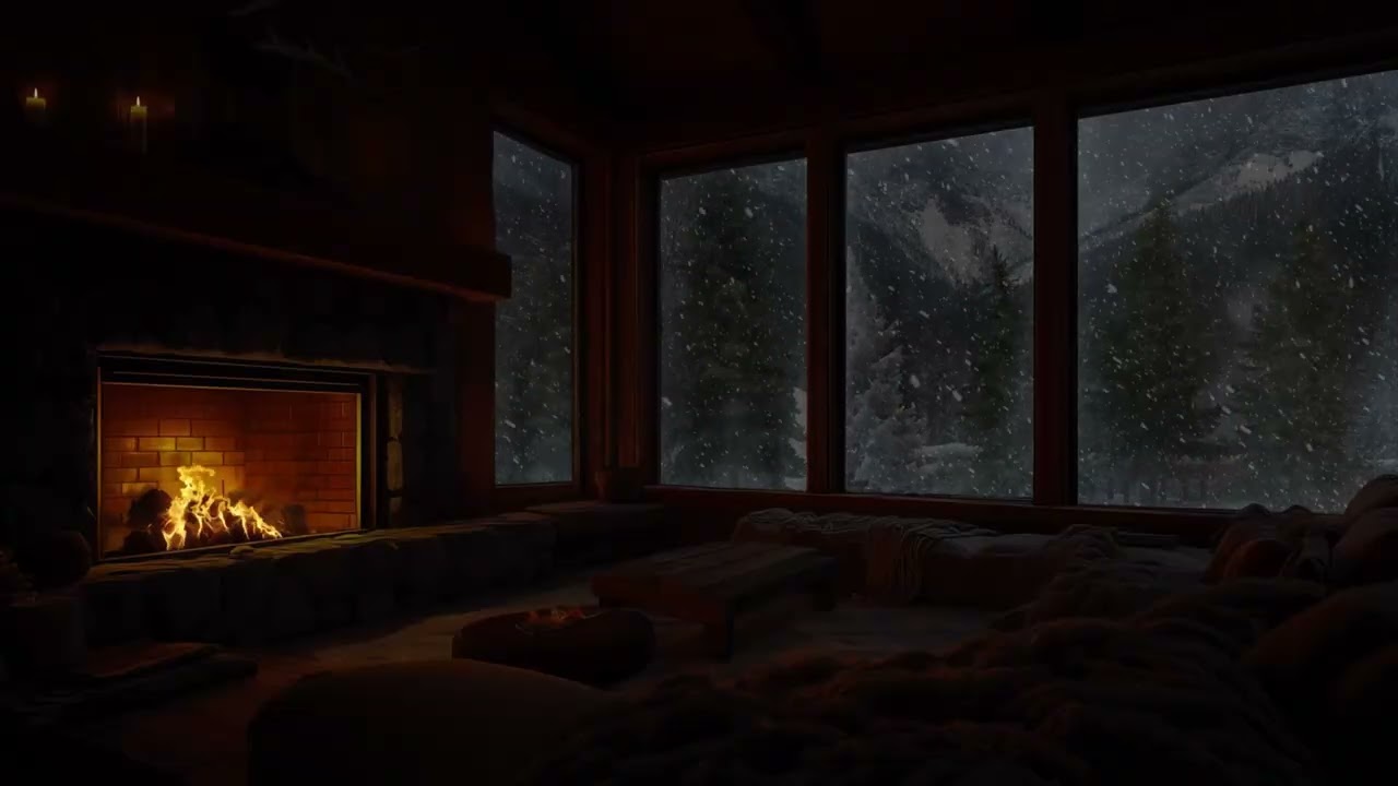 Peaceful Snowy Valley with a Warm Cabin and Gentle Fireplace Sounds for Sleep and Relaxation