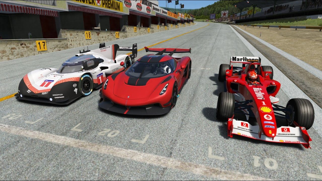 Koenigsegg Jesko 2023 vs F1 Ferrari F2004 Schumacher vs Porsche 919  Evo Hybrid 2018 at Old SPA