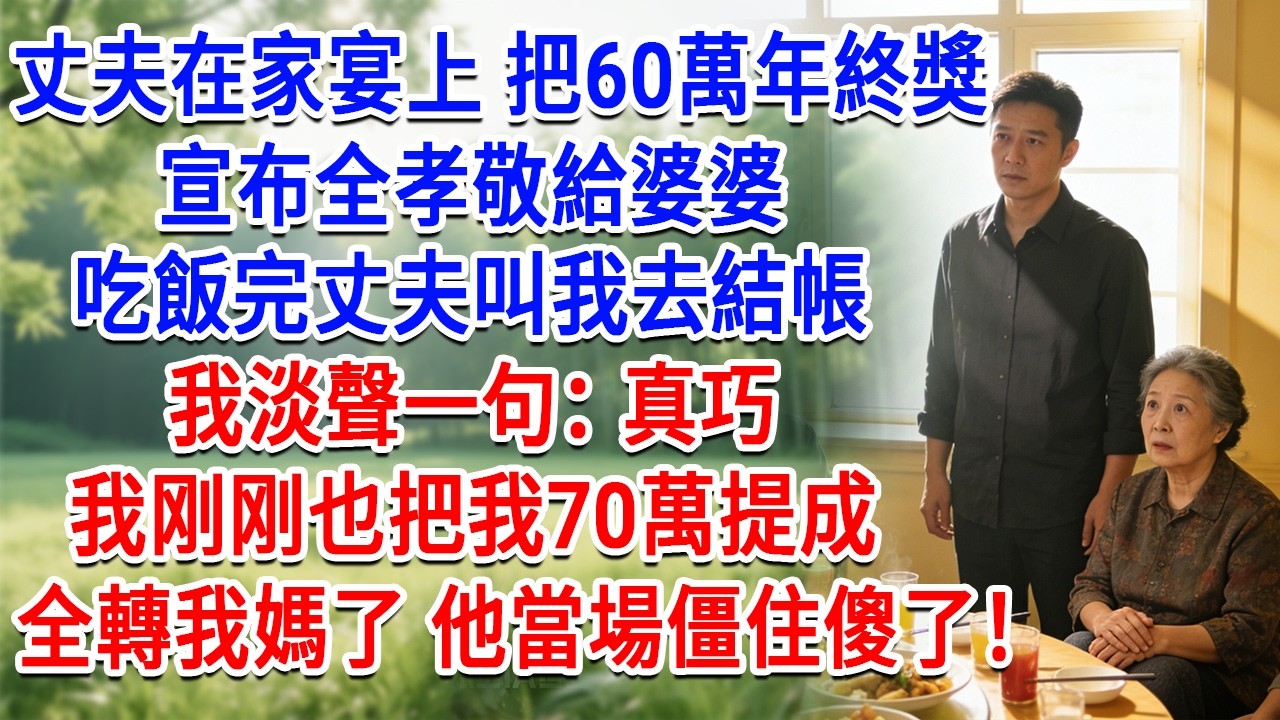 丈夫在家宴上把60萬年終獎，宣布全孝敬給婆婆，吃飯完丈夫叫我去結帳，我淡聲一句：真巧 我剛剛也把我70萬提成，全轉我媽了，他當場僵住傻了！#為人處世#生活經驗#情感故事#故事#小說#戀愛#情感#婚姻