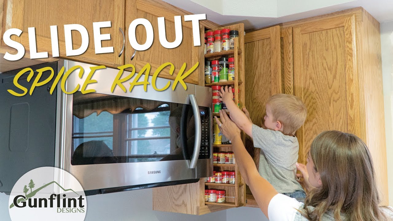 Kitchen Microwave Cabinet with Slide Out Spice Organizer Rack