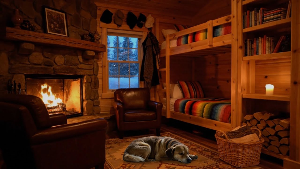 Cozy Winter Cabin Ambience | Fireplace Crackling & Snowstorm Sounds for Sleep, Study & Relaxation