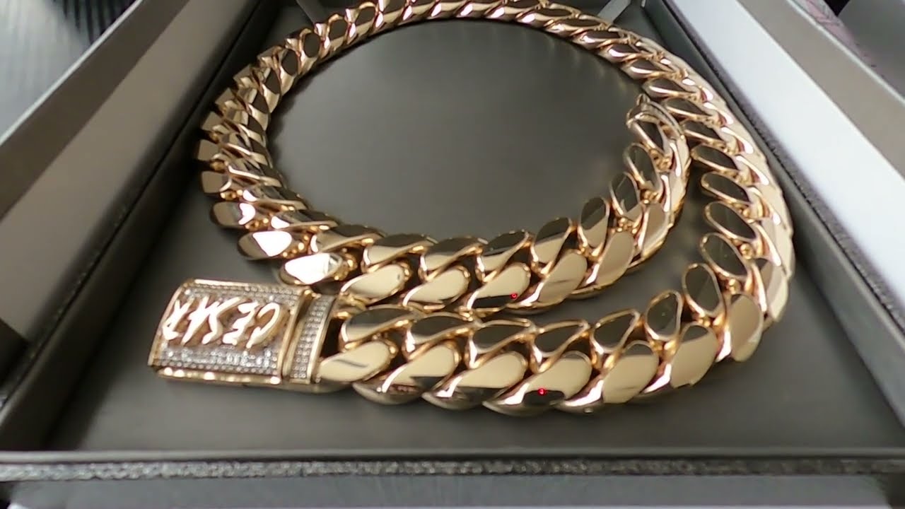 20mm 10k yellow gold Miami Cuban Link with custom diamond lockbox