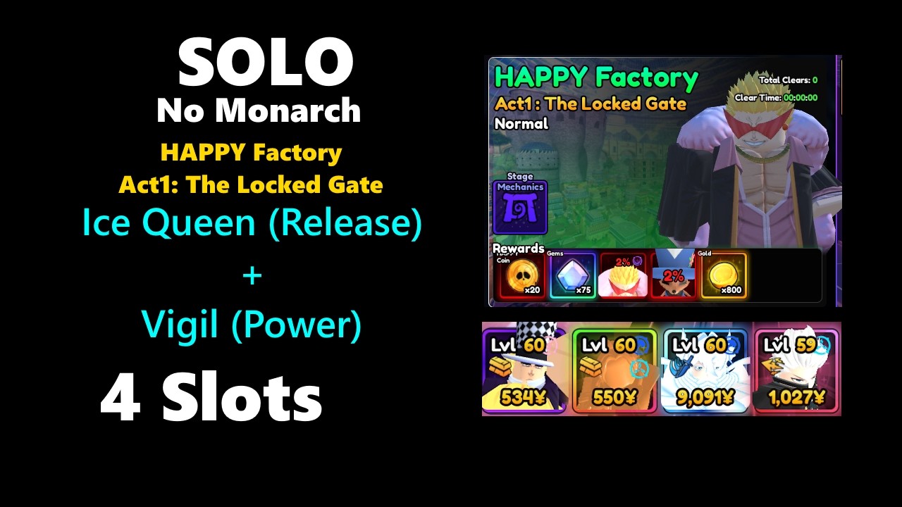Raid- HAPPY factory - Act 1 - No Monarch - Ice Queen, Vigil - 4 Slots