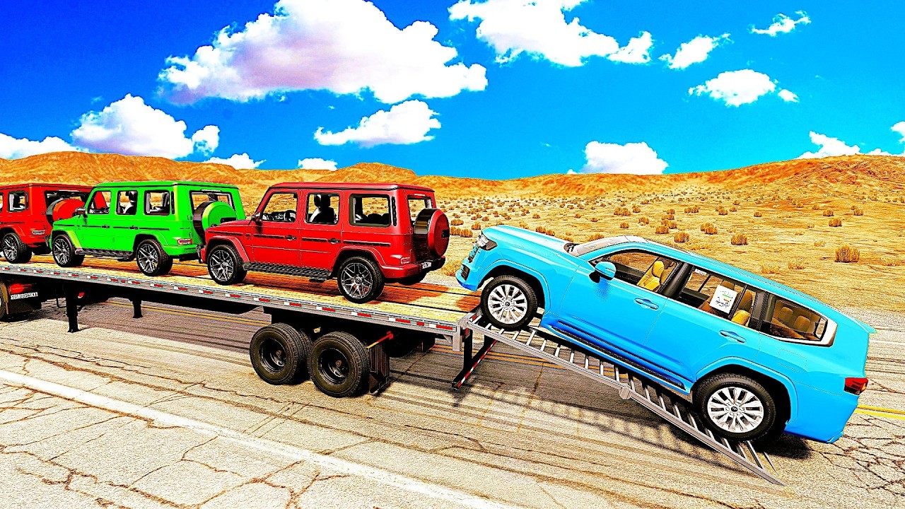 Four Trucks Transporting cars with Flatbed Trailers | Cars vs Speedbump vs Train vs Pothole #000